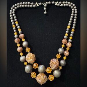 Vintage Double Strand Amber & Gray Acrylic Beaded Necklace